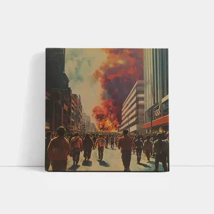 Crowd Walking Toward City Fire Explosion