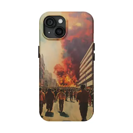 Crowd Walking Toward City Fire Explosion