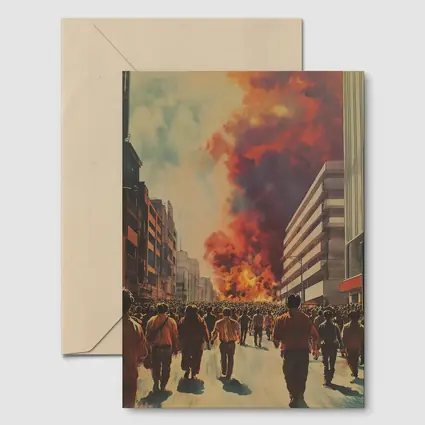 Crowd Walking Toward City Fire Explosion