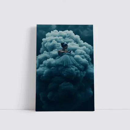 Woman in Blue Gown Surrounded by Clouds