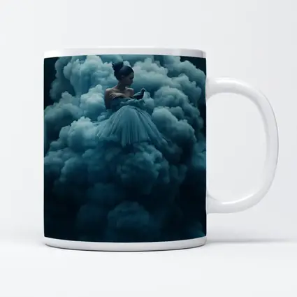 Woman in Blue Gown Surrounded by Clouds