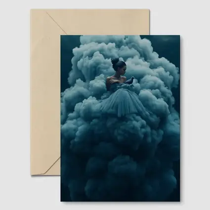 Woman in Blue Gown Surrounded by Clouds