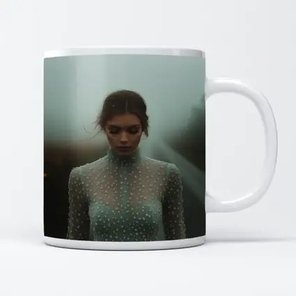 Woman Sage Green Dress Foggy Road