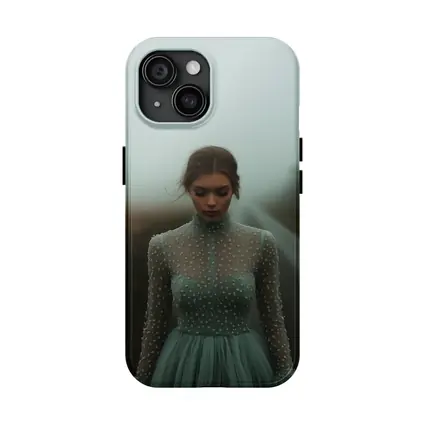 Woman Sage Green Dress Foggy Road