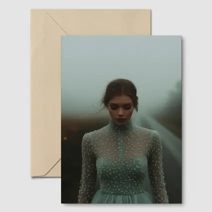Woman Sage Green Dress Foggy Road