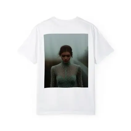 Woman Sage Green Dress Foggy Road
