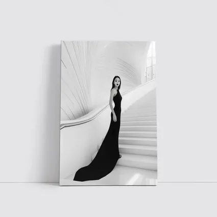 Woman Black Gown White Architectural Staircase