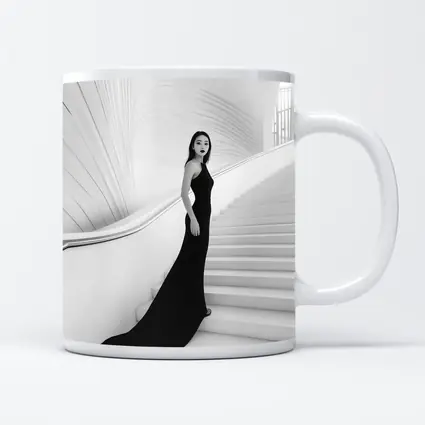 Woman Black Gown White Architectural Staircase