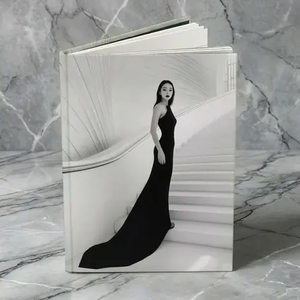 Woman Black Gown White Architectural Staircase
