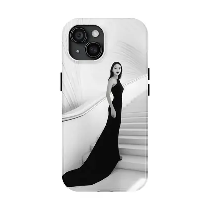 Woman Black Gown White Architectural Staircase