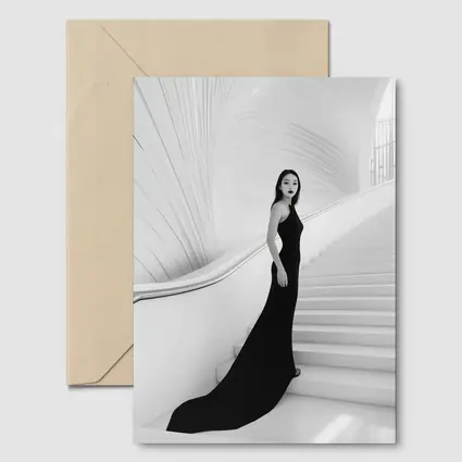 Woman Black Gown White Architectural Staircase