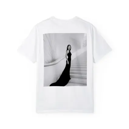 Woman Black Gown White Architectural Staircase