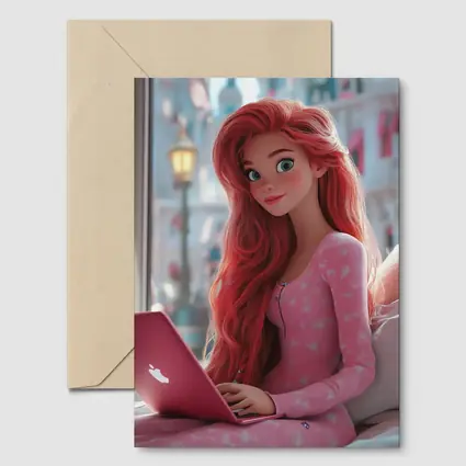 Red Hair Girl Pink Laptop Cartoon Art