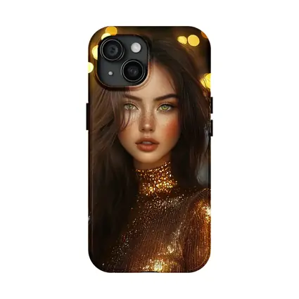 Green Eyed Woman Gold Sequin Bokeh Lights
