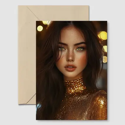 Green Eyed Woman Gold Sequin Bokeh Lights