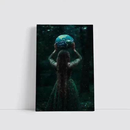 Woman Holding Earth Globe Dark Forest
