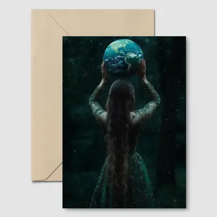 Woman Holding Earth Globe Dark Forest