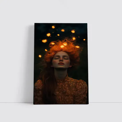 Red Haired Woman Glowing Lights Dark Night