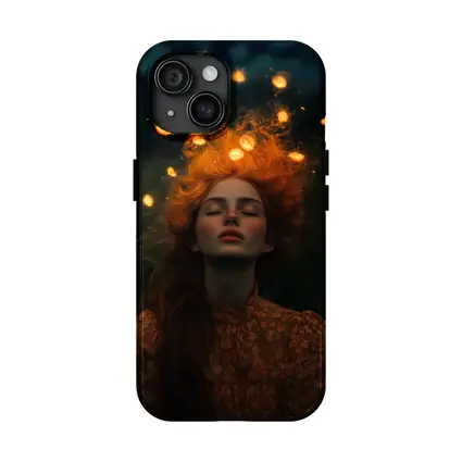 Red Haired Woman Glowing Lights Dark Night