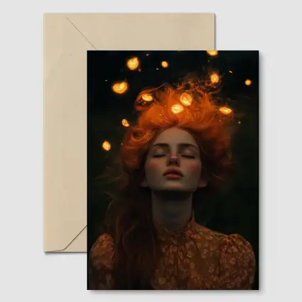 Red Haired Woman Glowing Lights Dark Night