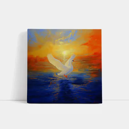 White Swan Taking Flight Sunset Ocean Painting