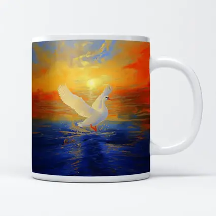 White Swan Taking Flight Sunset Ocean Painting