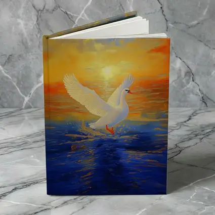 White Swan Taking Flight Sunset Ocean Painting