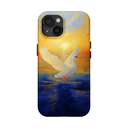 White Swan Taking Flight Sunset Ocean Painting