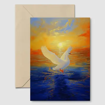 White Swan Taking Flight Sunset Ocean Painting