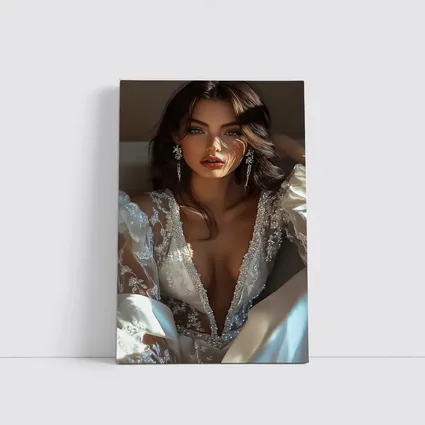 Elegant Woman White Lace Gown Portrait