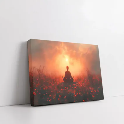 Meditation Silhouette Sunset Flower Field Red