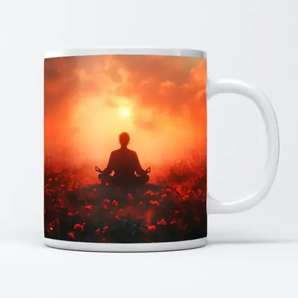 Meditation Silhouette Sunset Flower Field Red