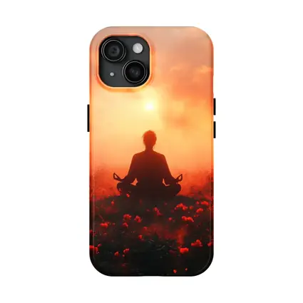 Meditation Silhouette Sunset Flower Field Red