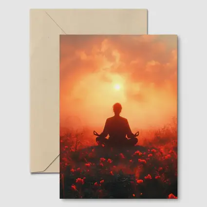 Meditation Silhouette Sunset Flower Field Red
