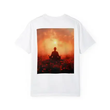 Meditation Silhouette Sunset Flower Field Red