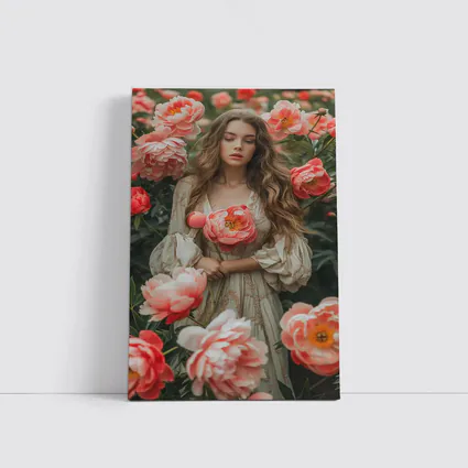 Woman Among Pink Peonies Garden Floral