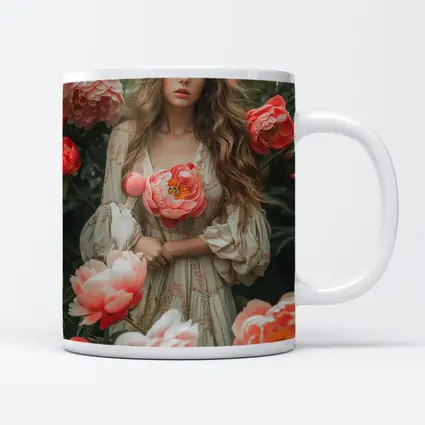 Woman Among Pink Peonies Garden Floral