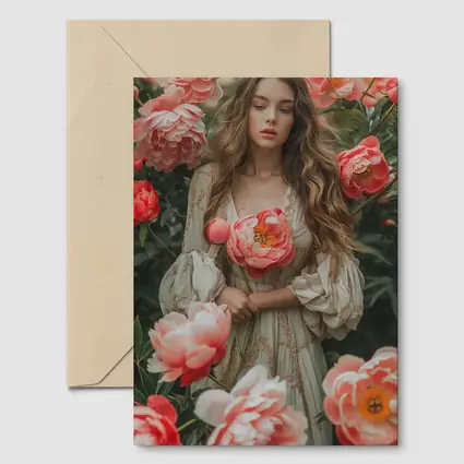 Woman Among Pink Peonies Garden Floral
