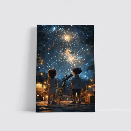Children Stargazing With Telescope Night Sky