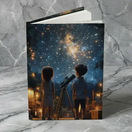 Children Stargazing With Telescope Night Sky