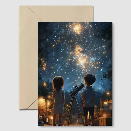 Children Stargazing With Telescope Night Sky