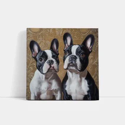 Two French Bulldogs Ornate Gold Background Portrait