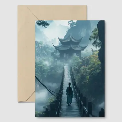 Ancient Chinese Pagoda Misty Mountain Bridge