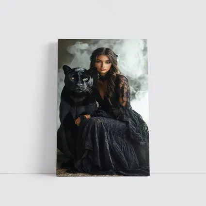 Woman in Black Lace Dress with Panther