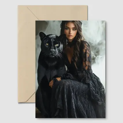 Woman in Black Lace Dress with Panther
