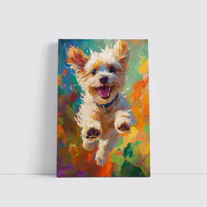 Happy Terrier Dog Jumping Colorful Oil Painting