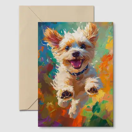 Happy Terrier Dog Jumping Colorful Oil Painting
