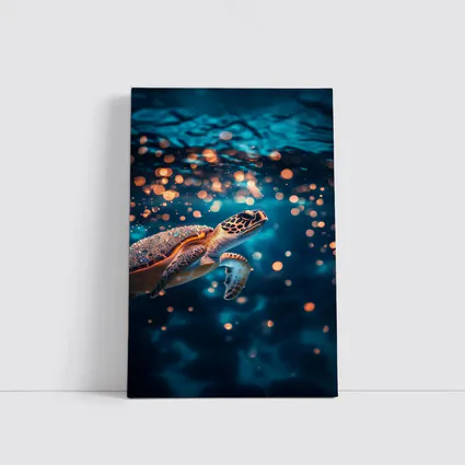 Sea Turtle Swimming In Glowing Blue Ocean