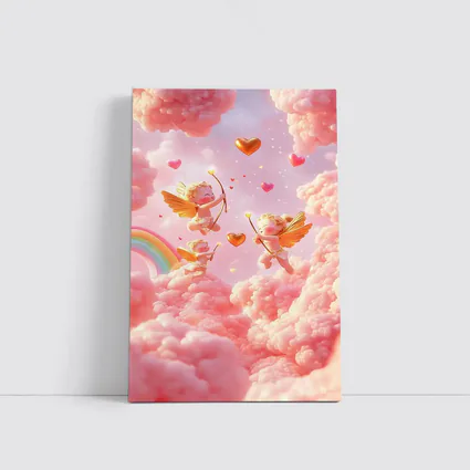Cute Cupids Flying Over Pink Clouds
