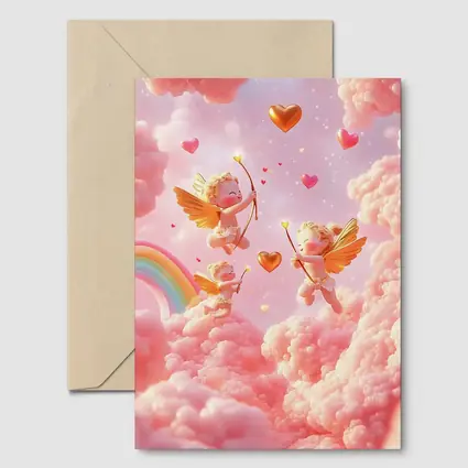 Cute Cupids Flying Over Pink Clouds